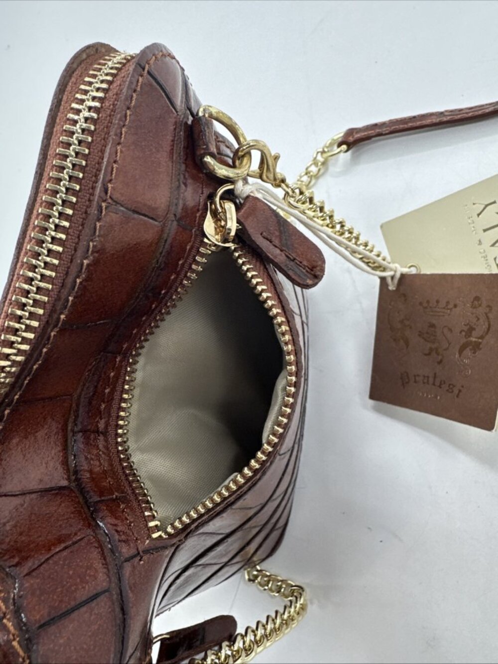 Pratesi Firenze Brown Croc Embossed Italian Leather Crossbody Bag Gold Chain NEW - Picture 11 of 15